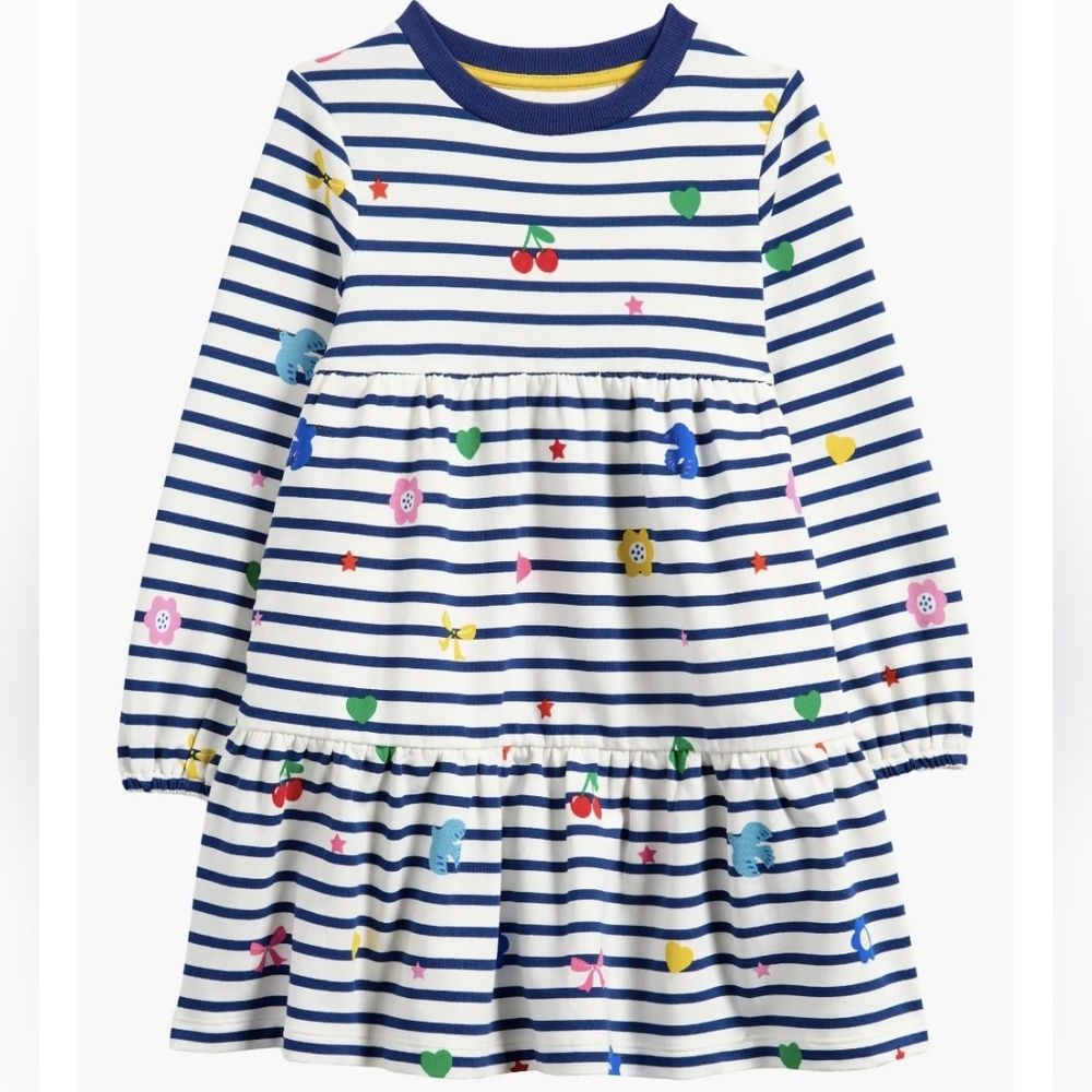 NWT Mini Boden Kids' Stripe Long Sleeve Tiered Sweatshirt Dress Size 6-7